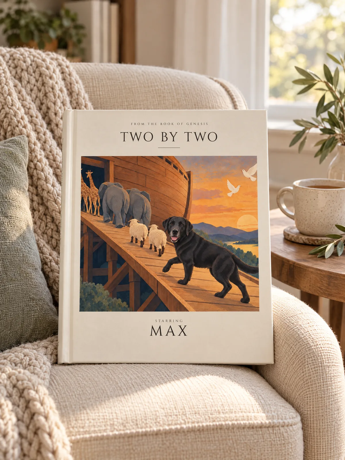 Two by Two, starring Max, on a reading armchair