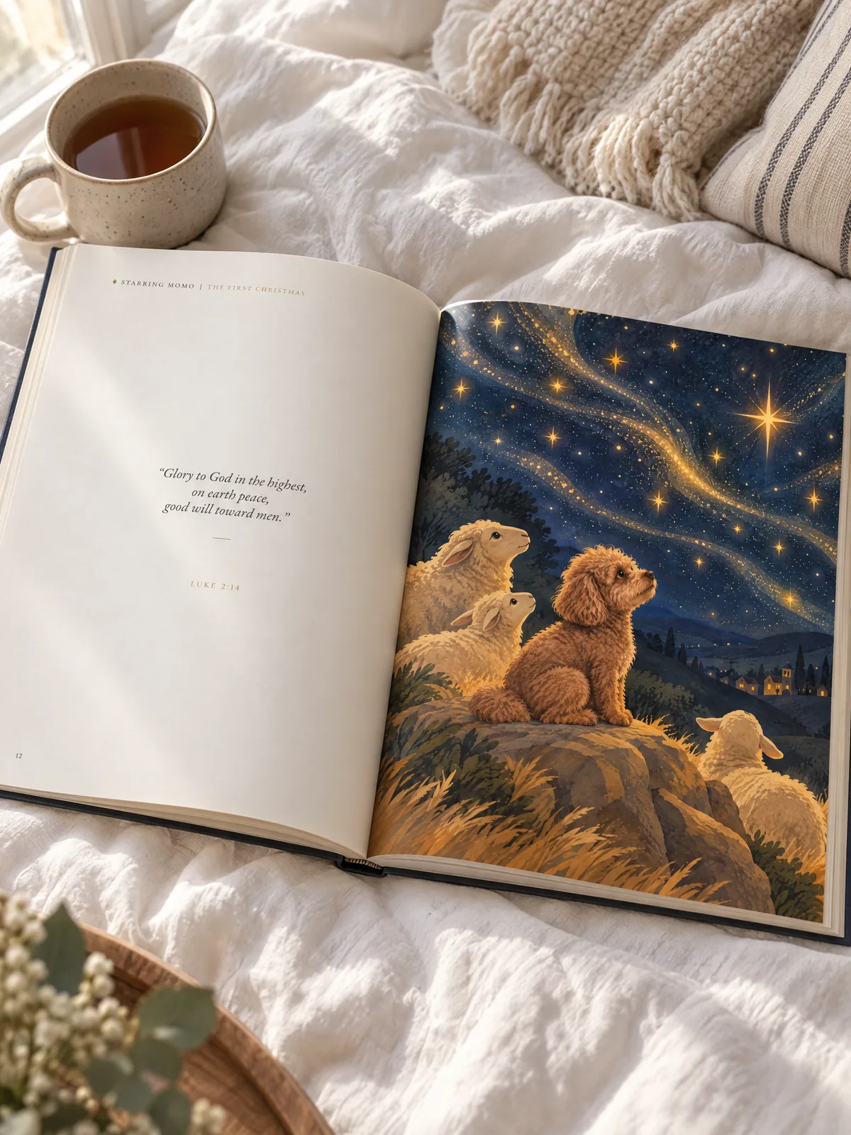 The book open on a linen bed, showing an illustrated spread