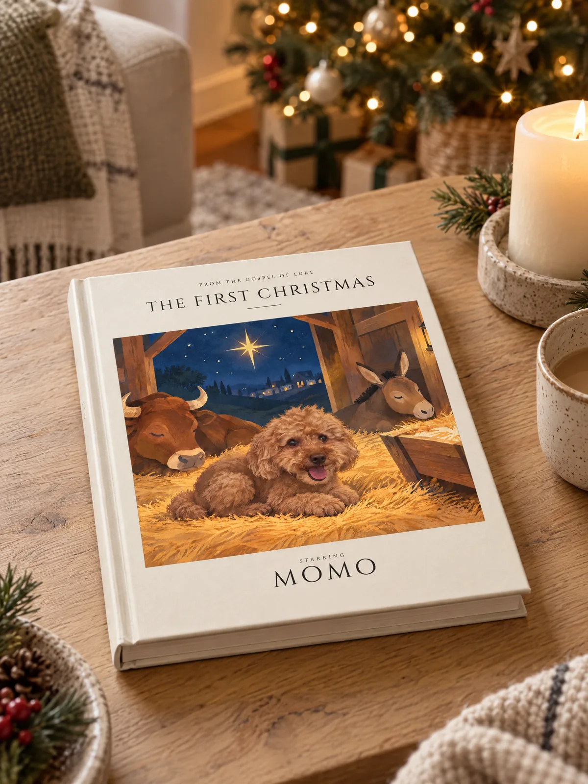 The First Christmas, starring Momo, on a coffee table by candlelight