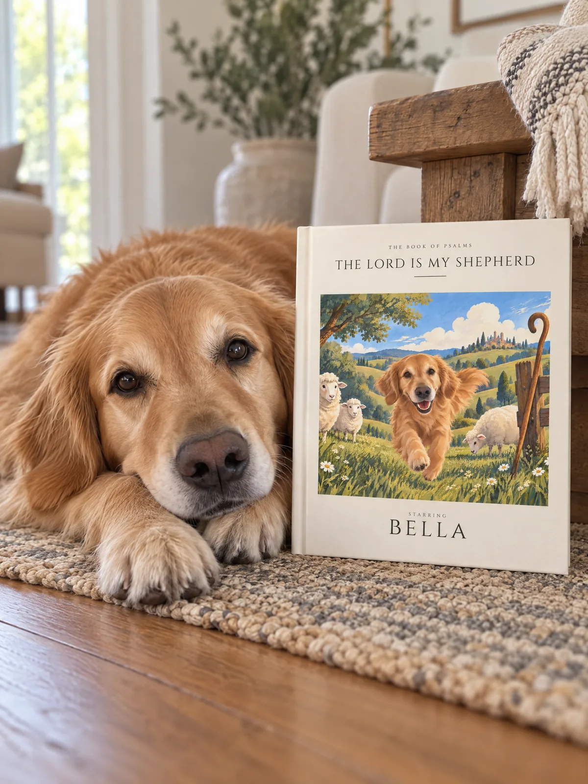 Bella, a golden retriever, lying beside her own book