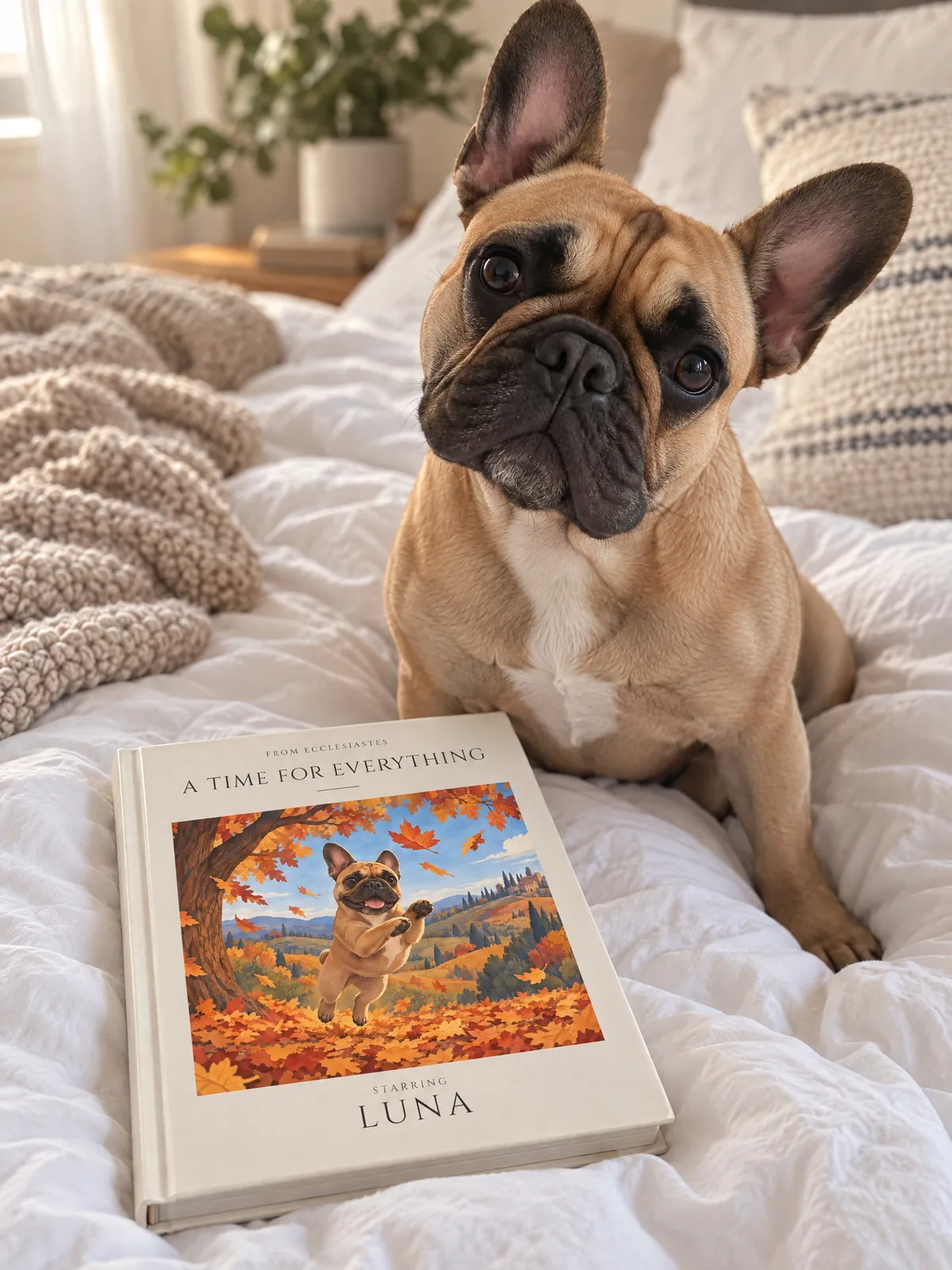 Luna, a French bulldog, on the bed with her book