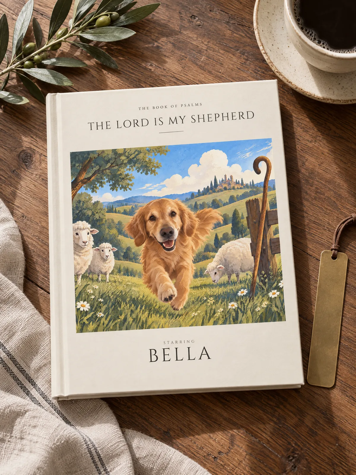 The Lord Is My Shepherd on a wooden table with coffee