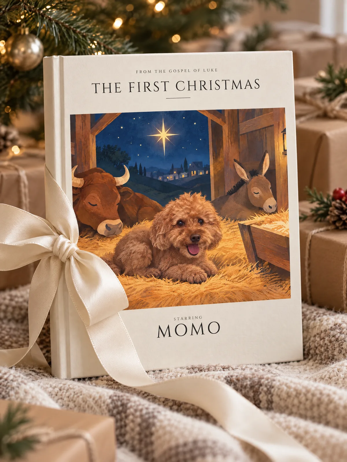 The First Christmas tied with a cream ribbon under the tree