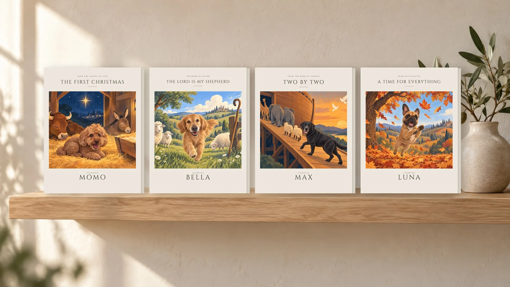 Four Fable Editions books on a wooden shelf, starring Momo, Bella, Max and Luna